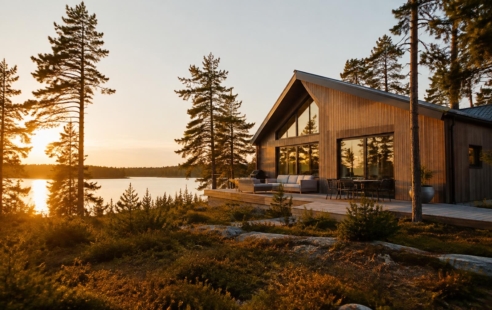 Villa vid sjö i solnedgång